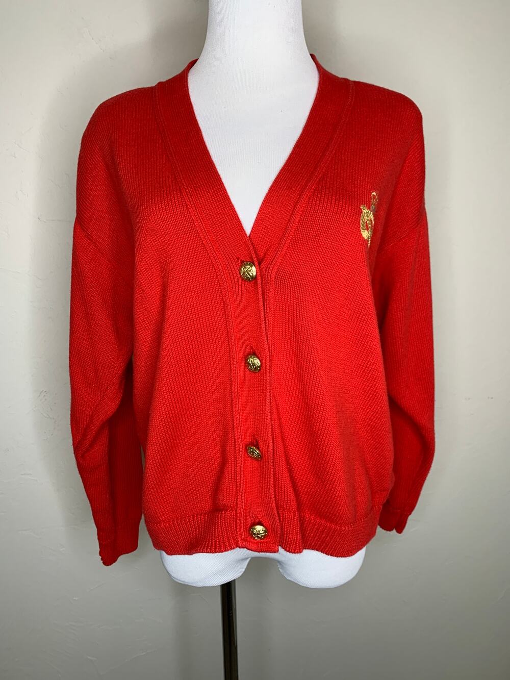 Vintage Red Cardigan Preppy Crown Crest Design Gold Buttons sz Medium